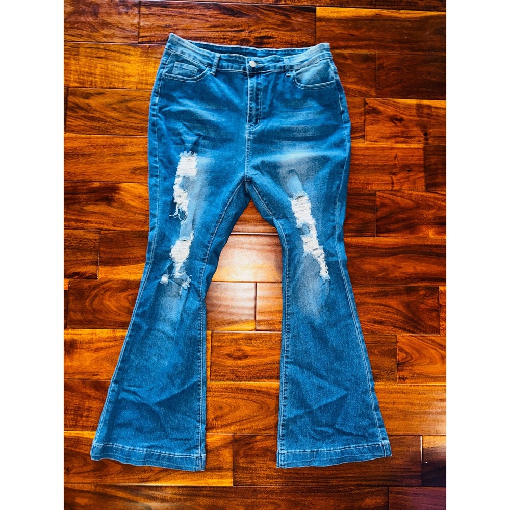 Retro Flare Jeans Womens XXL Blue Excellent Distressed High Rise Bell Bottom